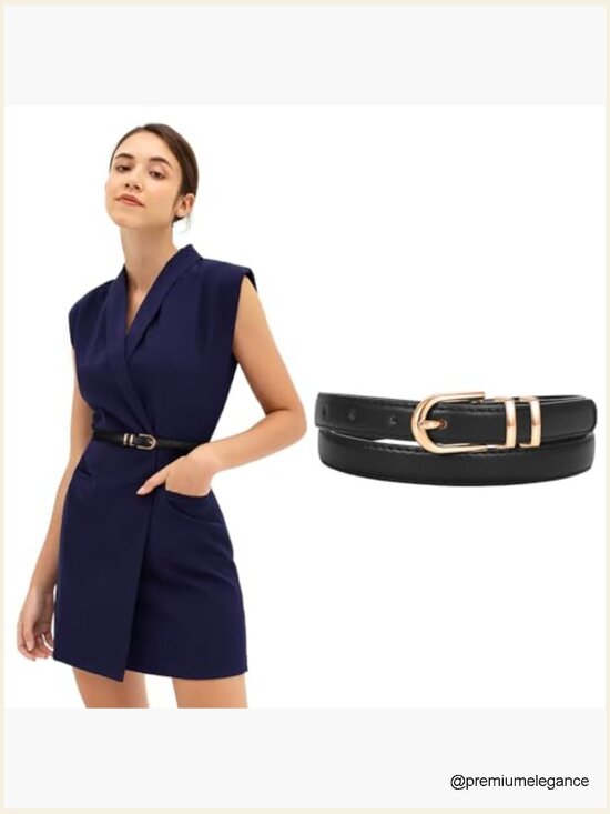 Women Skinny Faux Leather Belt with Gold Buckle Size 21-25
